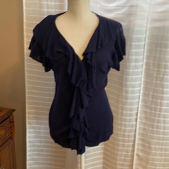 Lauren Ralph Lauren Navy Blue Knit Ruffle Front Top XL - Picture 1 of 7